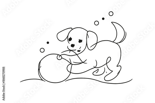 Puppy's Snowy Playtime. Winter puppy snowball game. Minimalistic one-line drawing small puppy engaged in a