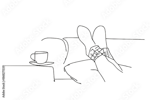 Minimalist Wool Socks. Evening wool socks on couch. Minimalistic one-line drawing evening relaxation scene