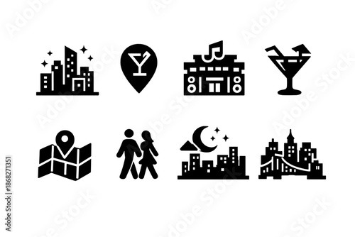 City Nightlife Icons. City Nightlife. Filled icon set of City Nightlife: city lights, night skyline, bar