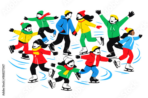 Joyful Skating Scene. Joyful Ice Skating Crowd. A lively crowd skating in different directions, arms open and