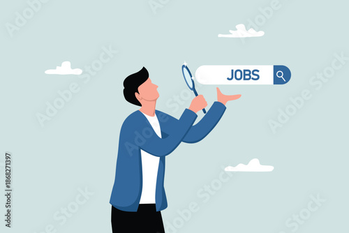 Looking for a new job, job or career opportunities, talent or applicants who find new vacancies, employers looking for jobs with a magnifying glass.