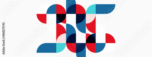 Abstract geometric design. Circles, squares overlap creating complex pattern. Blue, red, light blue dominate composition. Modern aesthetic.