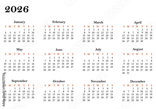 Vector black and white calendar in English for 2026