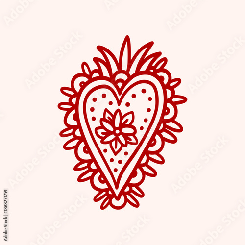 Hand drawn illustration of heart with flower. Spirituality and magic vibes. Vintage whimsical clipart. Symbol of love