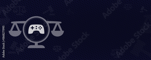 Video Game Law and Gaming Regulations Concept with Gamepad and Scales Symbol Vektor Illustration on Dark Background with Copy Space for Digital Media Legal Advice and Rights