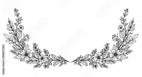 Delicate floral wreath illustration with detailed leaves and blossoming flowers