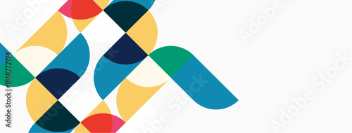 Abstract geometric shapes overlap, creating colorful composition. Circles, semicircles, squares form dynamic pattern on white background.