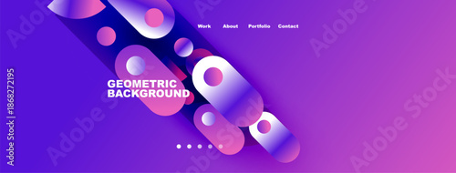 Purple abstract design features geometric shapes, text, navigation menu. Modern aesthetic suitable for website header or banner.