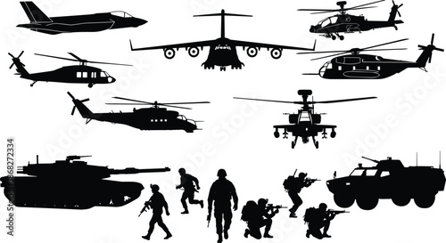 Military equipment silhouette collection, modern army vehicles and soldiers, aircraft helicopters tanks, combat forces, tactical warfare, black white illustration set