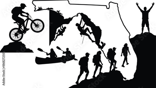 Outdoor adventure silhouettes collection, hiking climbing biking kayaking scenes, extreme sports exploration, travel nature activities illustration isolated white background