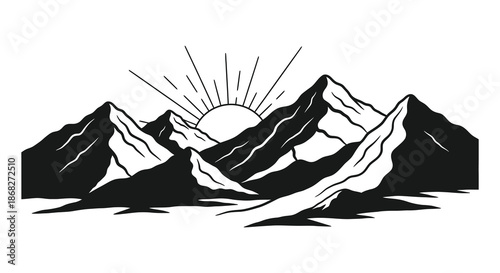 Black and white illustration of mountains with a rising or setting sun