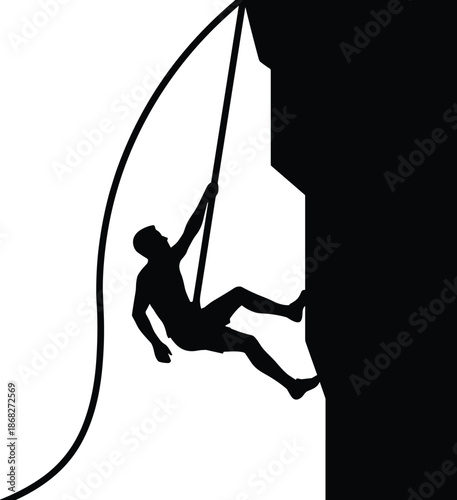 Rock climber silhouette ascending vertical cliff, rope safety action, extreme adventure challenge, courage strength concept, black white illustration design