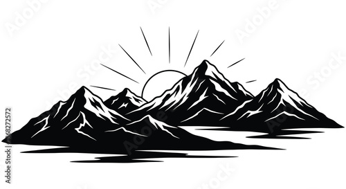 Dramatic mountain range illustration with a rising or setting sun in the background