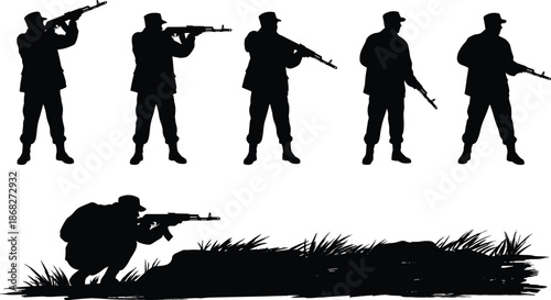Soldier silhouettes holding rifles, military combat poses collection, armed forces action stances, tactical defense illustration isolated white background