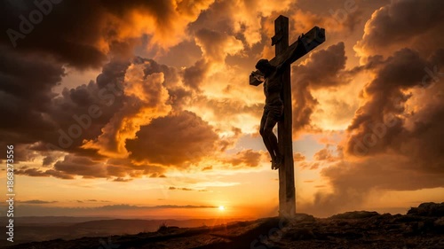 Silhouette of Jesus Christ on the cross at sunset on a hilltop, religious symbol of crucifixion and sacrifice for Easter and Christian faith with dramatic clouds