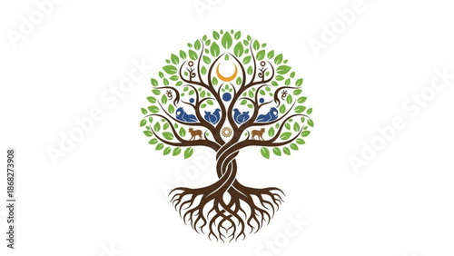 Tree of life illustration with crescent moon and animals symbolizing nature growth and spirituality isolated on white