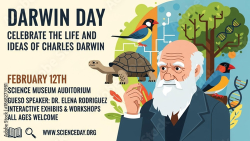 Canvastavla Charles Darwin illustration for Darwin Day celebration featuring evolution conce