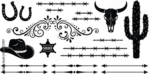 Western cowboy decorative elements collection, desert symbols horseshoes cactus bull skull barbed wire sheriff badge, vintage wild west vector design