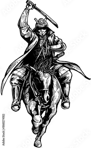 Vintage Samurai Warrior Riding Horse Action Illustration, Japanese Ronin with Katana Sword Engraving Style for T-shirt Design Samurai Skull in Helmet Vecto...