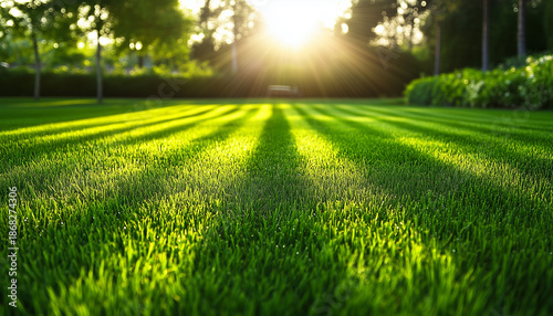 Close up photo of green lawn with striped pattern. Freshly mowed grass shines in sunlight. Texture of lush grass creates clean outdoor look