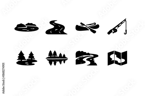 Lakes & Rivers Icons. Lakes & Rivers. Filled icon set of Lakes & Rivers: calm lake, flowing river, canoe boat,