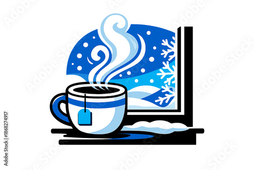 Cozy Hygge Window. Hygge Tea Window Mood. A ceramic cup, frost outside the window, soft imaginary snow beyond.