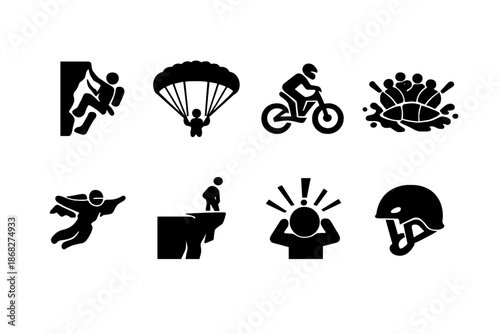 Extreme Adventure Icons. Extreme Adventure. Filled icon set of Extreme Adventure: rock climbing, skydiving