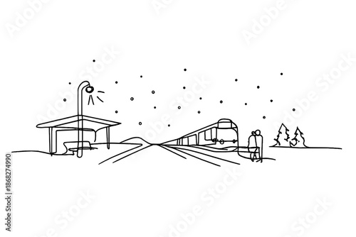 Minimalist Winter Station. Night train station winter mood. Minimalistic one-line drawing winter night station