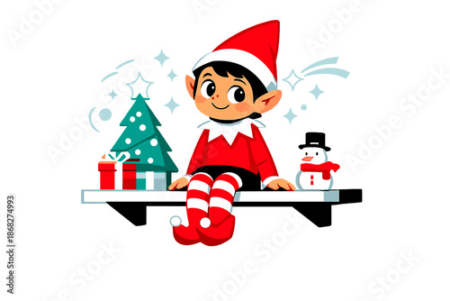 Elf's Playful Perch. Elf on the Shelf Concept. A small elf sitting casually on a shelf, legs dangling as it