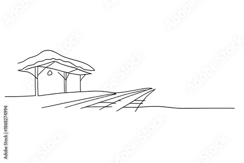 Minimalist Snowy Station. Snowy train station mood. Minimalistic one-line drawing snow-covered station canopy