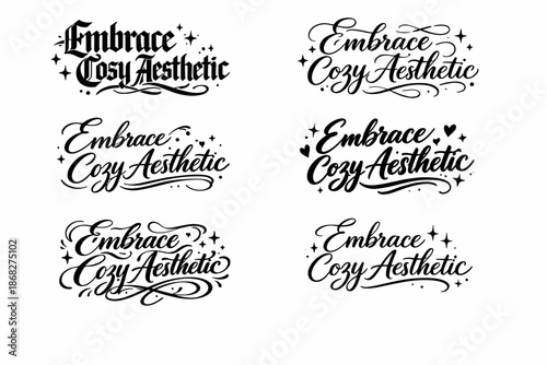 Cozy Calligraphy Grid. Embrace Cozy Aesthetic. Create a calligraphy lettering illustration of the phrase: