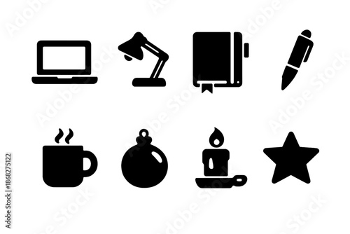 Festive Workspace Icons. Festive workspace icons. Filled icon set of festive workspace icons: laptop, desk