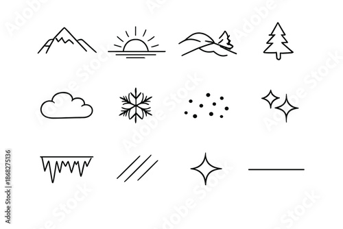 Winter Sunrise Icons. Winter sunrise landscape icons. Line outline icon set of Winter sunrise landscape icons:
