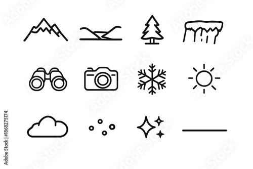 Snowy Landscape Icons. Overlook snowy landscape icons. Line outline icon set of Overlook snowy landscape icons