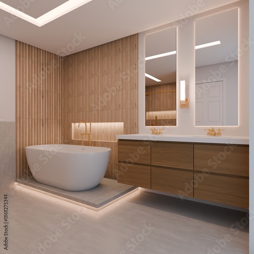 Fotografie A modern bathroom design features a white bathtub on a platform, wooden slat walls, and a floating vanity with double mirrors and LED lighting, created using Blender software
