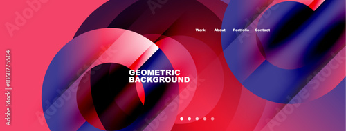 Abstract geometric shapes, pinks, blues create dynamic background. Text displays geometric background, navigation visible.