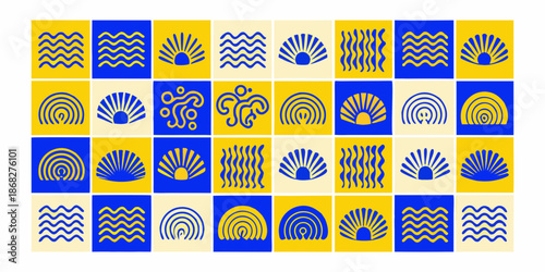 A colorful grid of abstract geometric patterns in blue and yellow hues