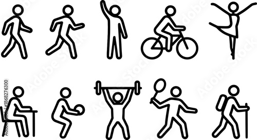 People activity and sport icons set. Walking, running, fitness, exercise outline symbols