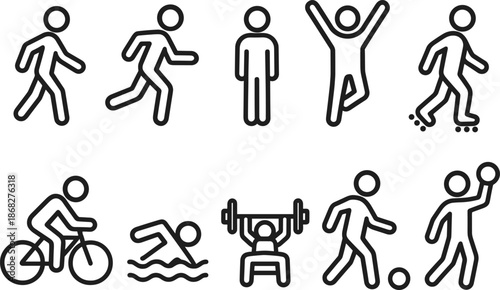 People activity and sport icons set. Walking, running, fitness, exercise outline symbols