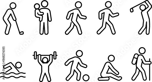 People activity and sport icons set. Walking, running, fitness, exercise outline symbols