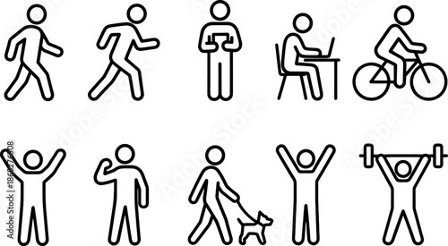 People activity and sport icons set. Walking, running, fitness, exercise outline symbols