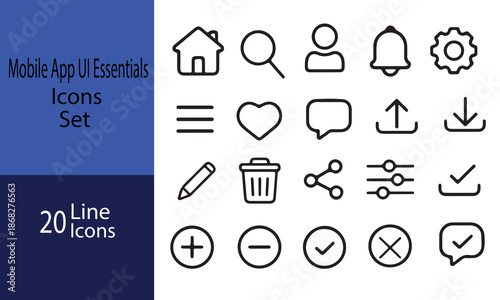 Mobile app Ui essentials icons set 20 line icons isolated on white background