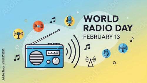 World Radio Day illustration vintage radio and music notes February 13 celebration concept flat design vector