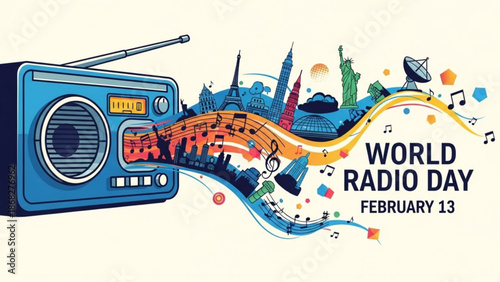 World Radio Day illustration with vintage radio global landmarks and musical notes celebrating broadcasting and communicati