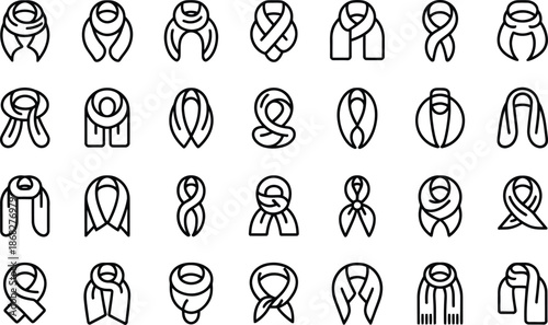 Collection of various scarf wearing styles and techniques illustrated in simple line drawings