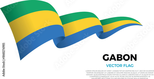 Flag of Gabon. Gabonese and African Culture. Shining flag with realistic shadows waving in three layers. The elegant curves and realistic shading create a sense of motion