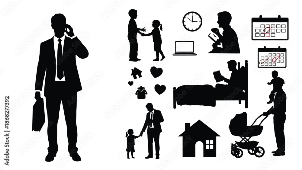 Obraz premium A busy father balancing work and family life with various silhouettes of daily activities and responsibilities with work life balance and fatherhood