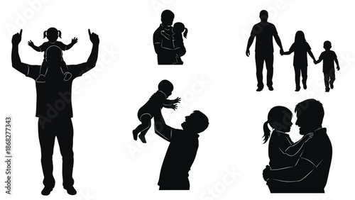 Silhouette illustrations of happy family moments with parents and children playing together in various poses with playful and loving and vector