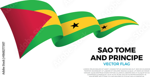 Flag of Sao Tome And Principe. Sao Tomean and African Culture. Shining flag with realistic shadows waving in three layers. The elegant curves and realistic shading create a sense of motionFlag of Sao 