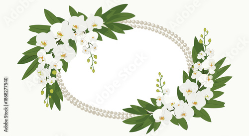 Elegant oval border made of white orchids and green leaves decorated with a double strand of white pearls on white.